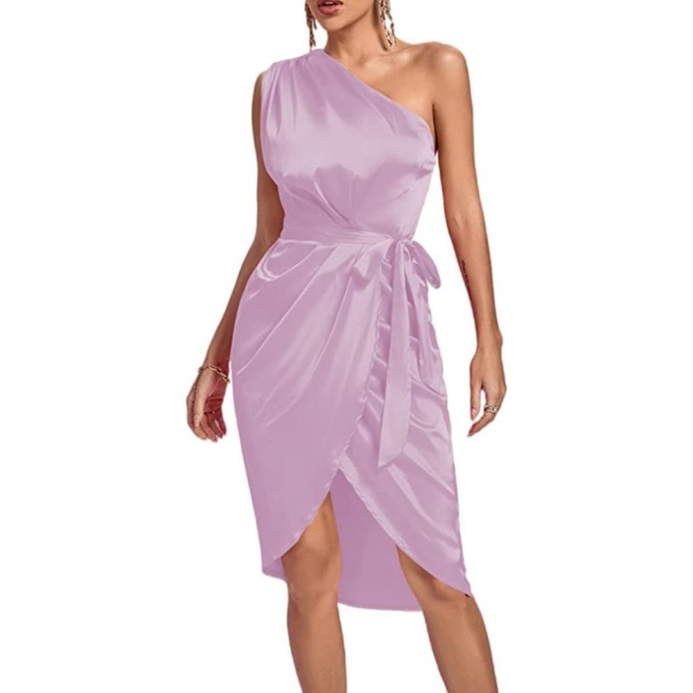 Women's Lavender Satin One Shoulder Off Ruched Front Slit Tie Waist Cocktail Dre - Picture 2 of 6